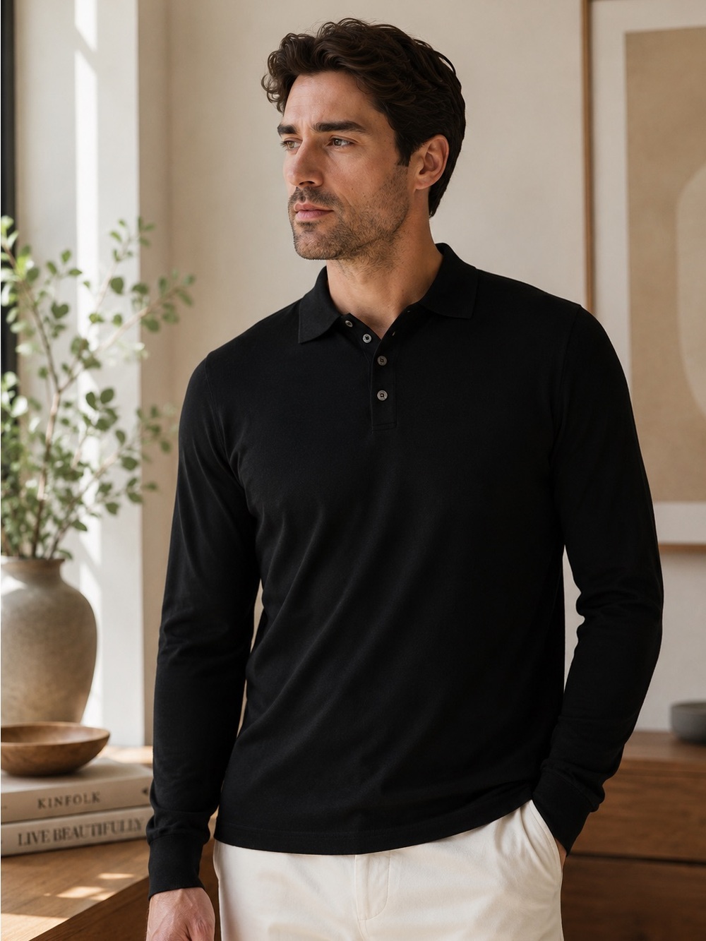 Patrick Assaraf 100% Extrafine Merino Wool Black Long Sleeve Polo XL